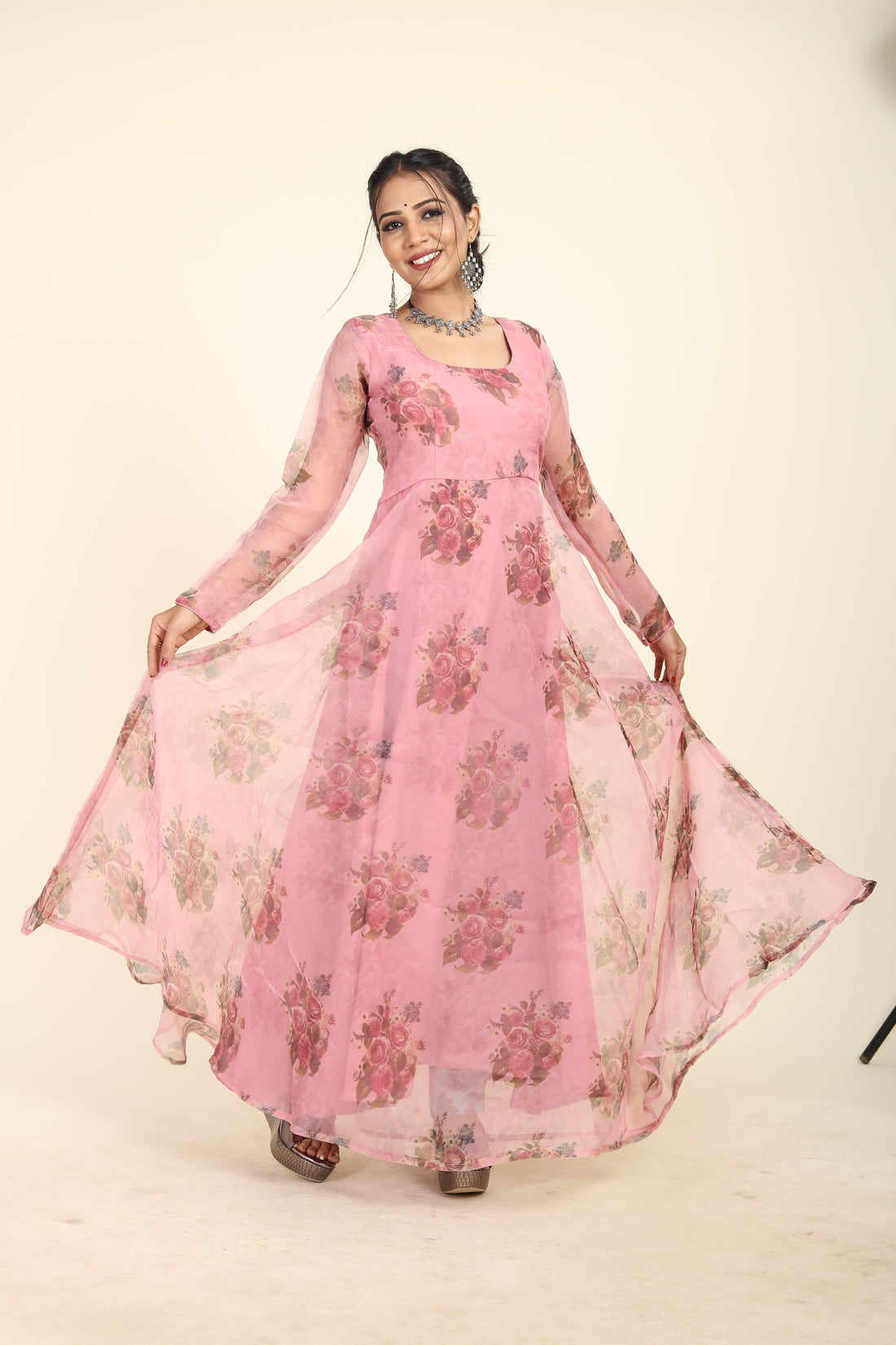 RY Pink Floral Printed Organza Umbrella Gown for Special Day /Gift For Birthday
