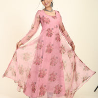 RY Pink Floral Printed Organza Umbrella Gown for Special Day /Gift For Birthday