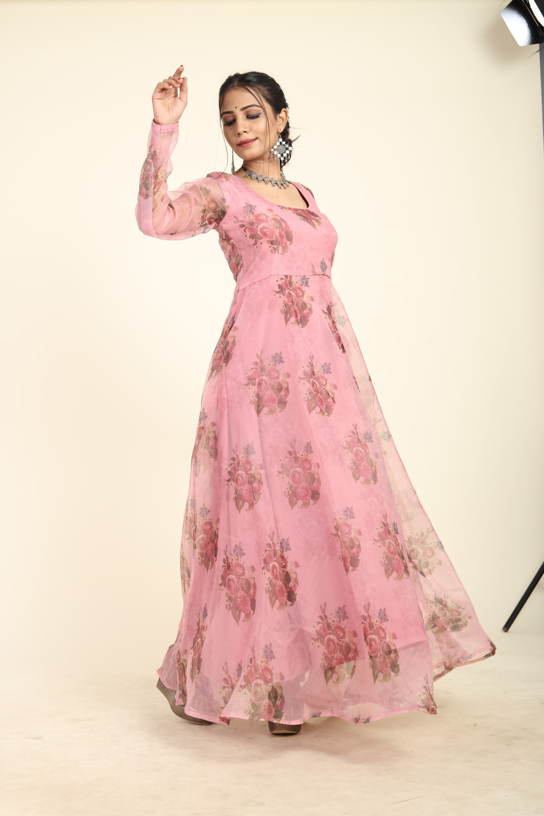 RY Pink Floral Printed Organza Umbrella Gown for Special Day /Gift For Birthday