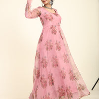 RY Pink Floral Printed Organza Umbrella Gown for Special Day /Gift For Birthday