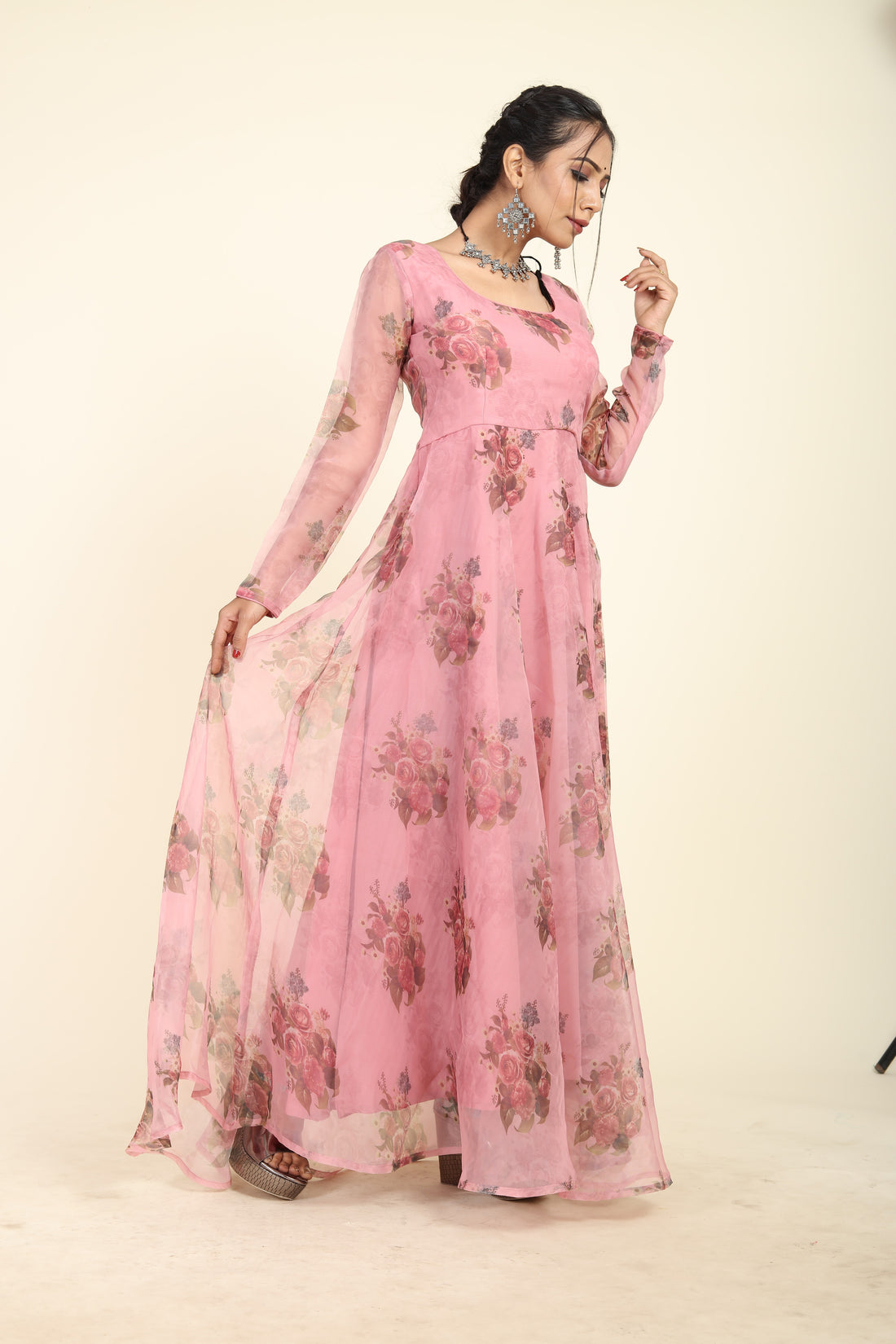 RY Pink Floral Printed Organza Umbrella Gown for Special Day /Gift For Birthday