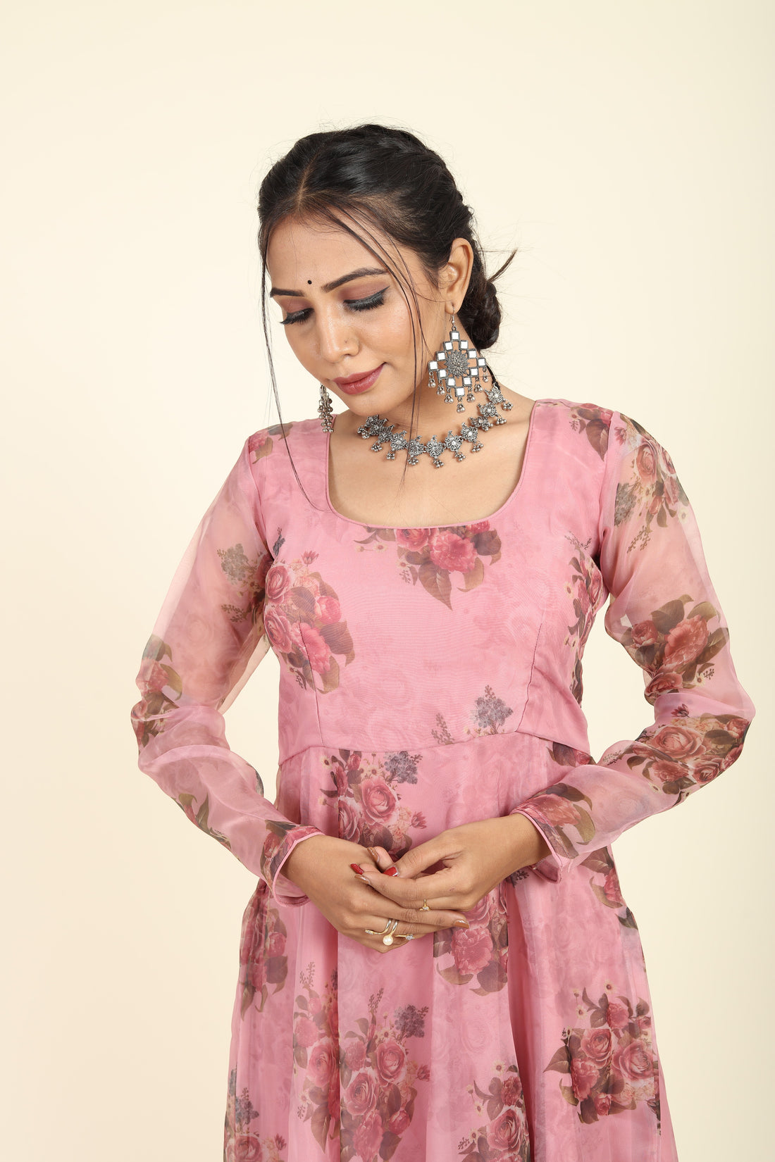 RY Pink Floral Printed Organza Umbrella Gown for Special Day /Gift For Birthday