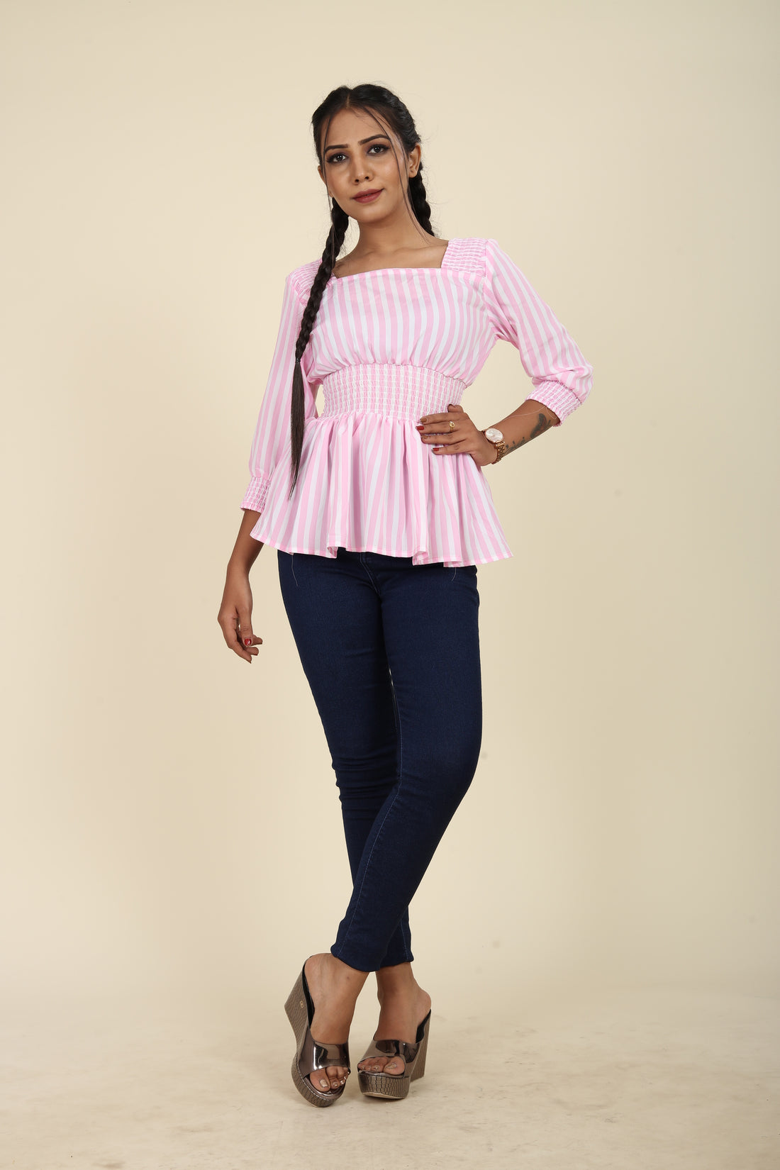 Pink And White Striped Cinched Waist Top For Her