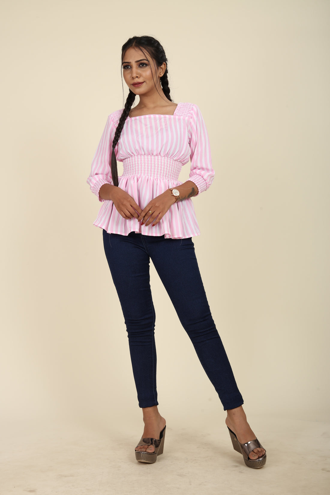 Pink And White Striped Cinched Waist Top For Her