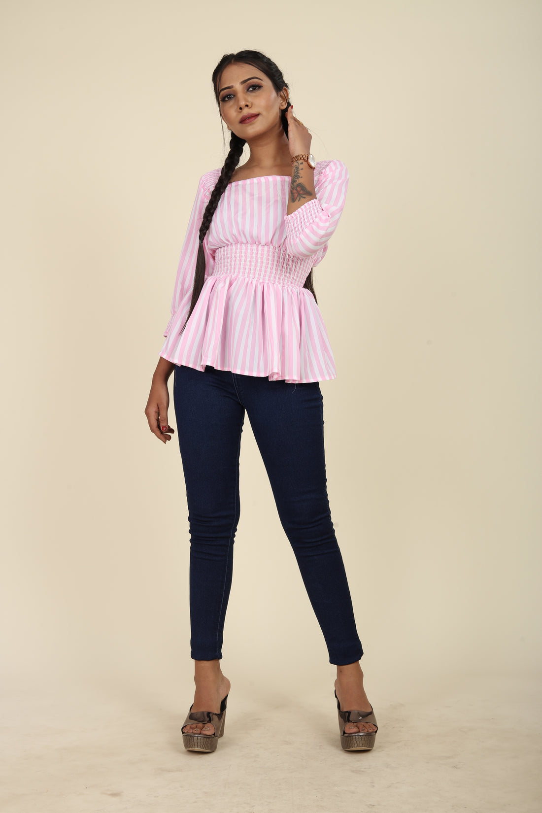 Pink And White Striped Cinched Waist Top For Her