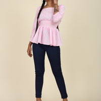 Pink And White Striped Cinched Waist Top For Her