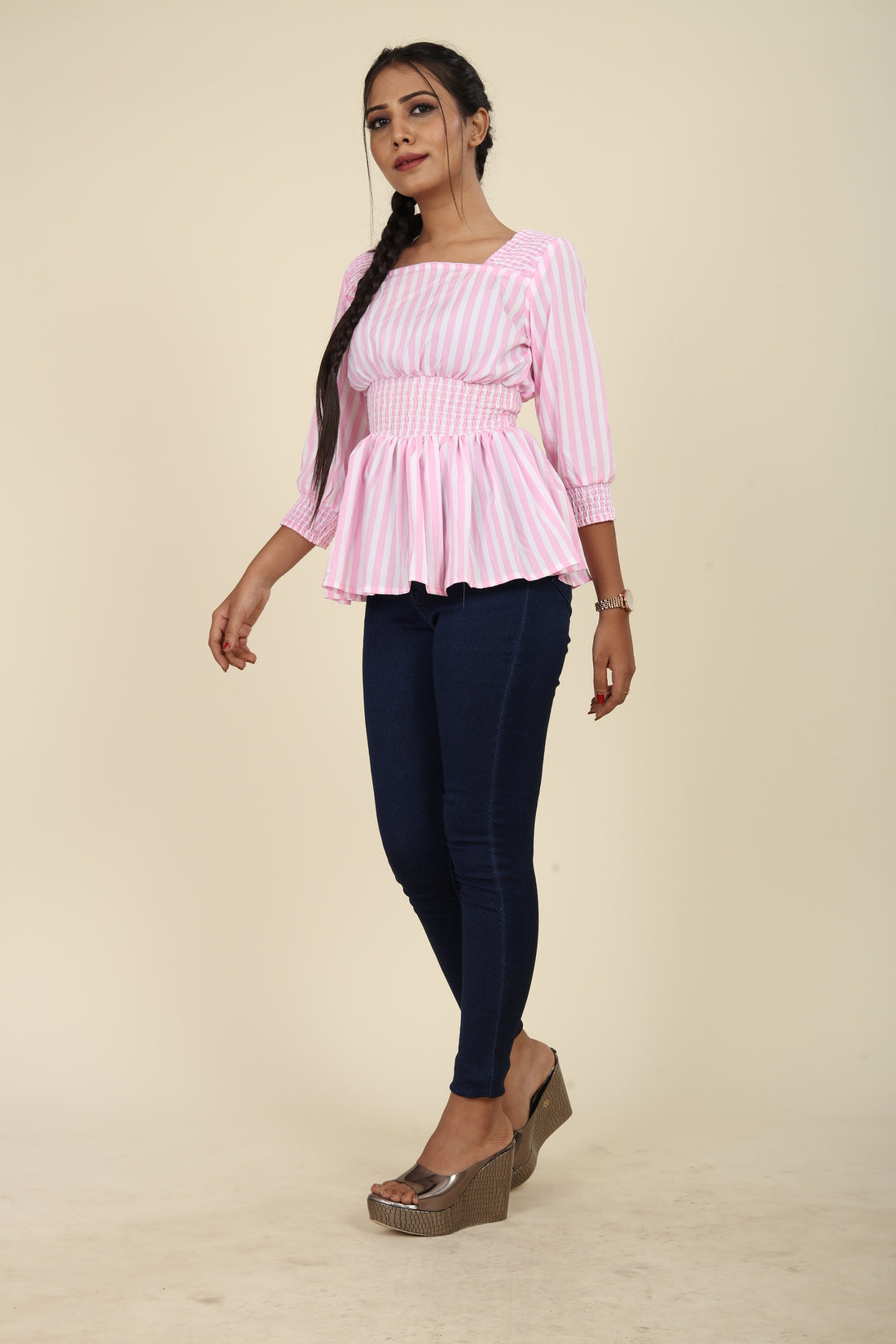 Pink And White Striped Cinched Waist Top For Her