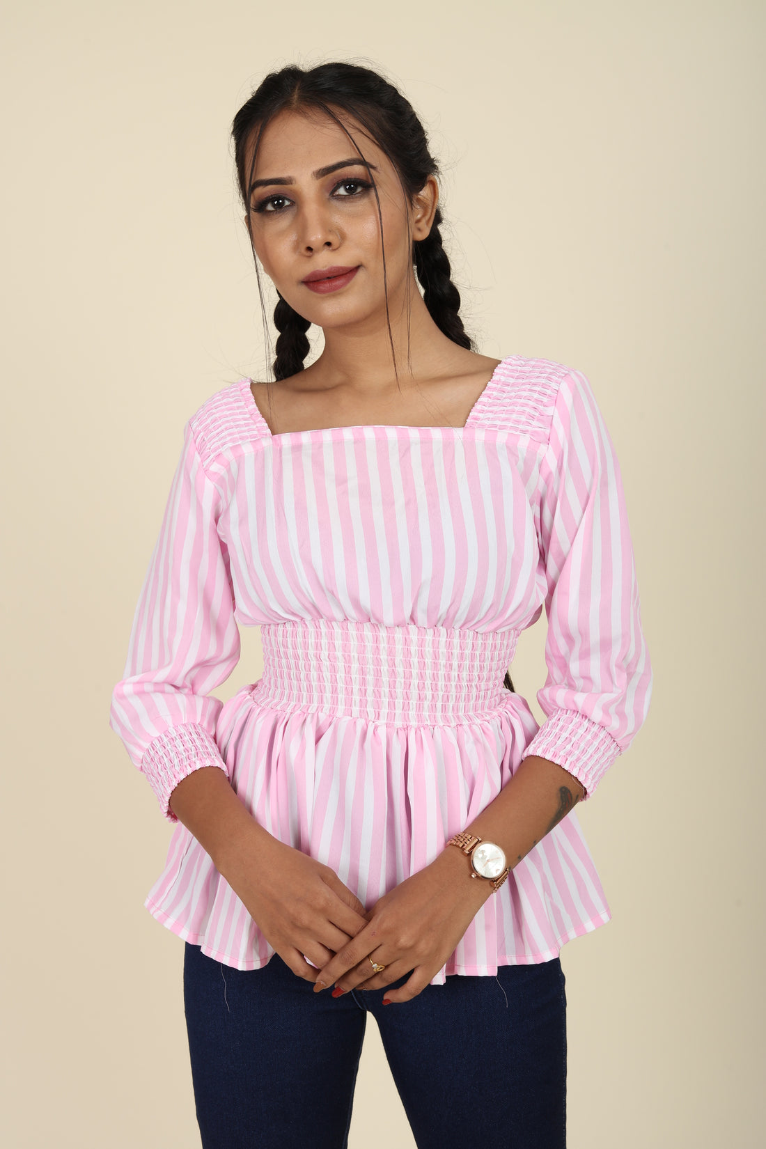 Pink And White Striped Cinched Waist Top For Her