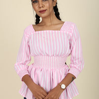 Pink And White Striped Cinched Waist Top For Her