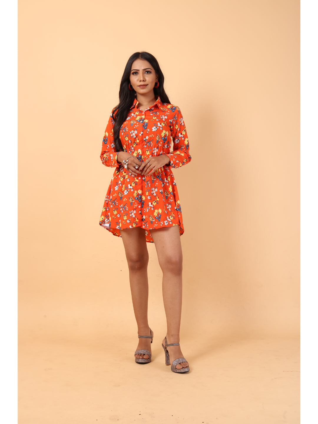 RY Orange And Multi Colour Floral printed Belted Shirt Dress for Casual/gift for her