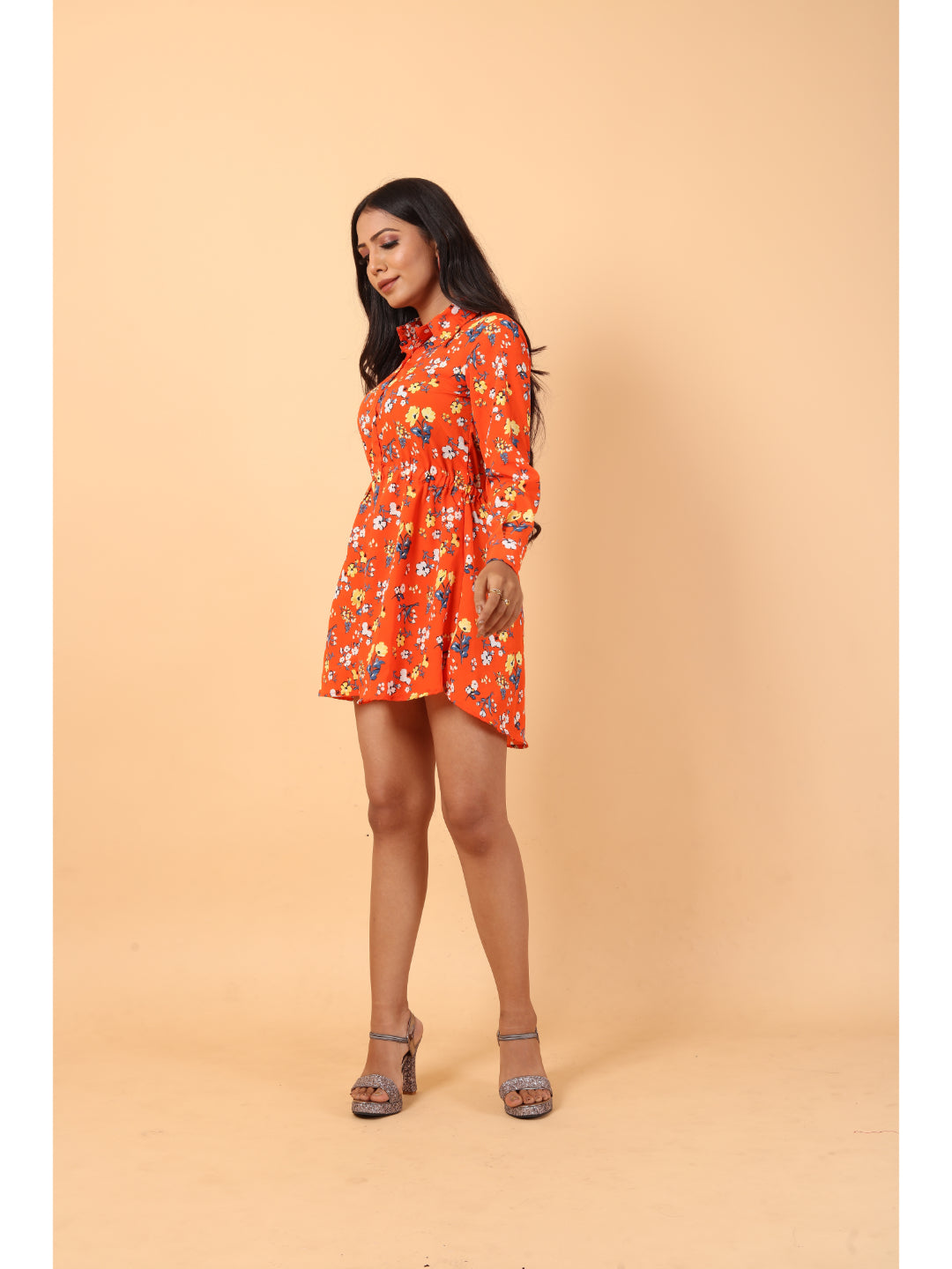 RY Orange And Multi Colour Floral printed Belted Shirt Dress for Casual/gift for her