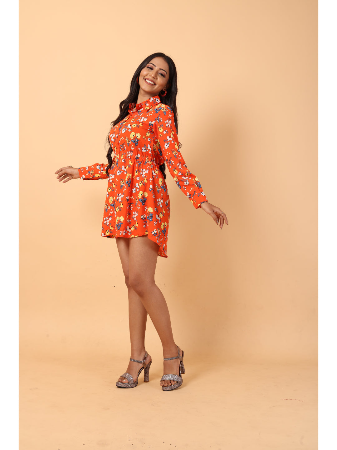 RY Orange And Multi Colour Floral printed Belted Shirt Dress for Casual/gift for her