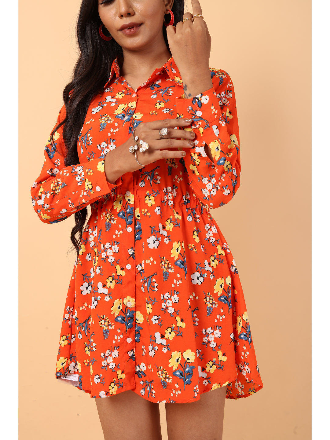 RY Orange And Multi Colour Floral printed Belted Shirt Dress for Casual/gift for her