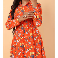 RY Orange And Multi Colour Floral printed Belted Shirt Dress for Casual/gift for her