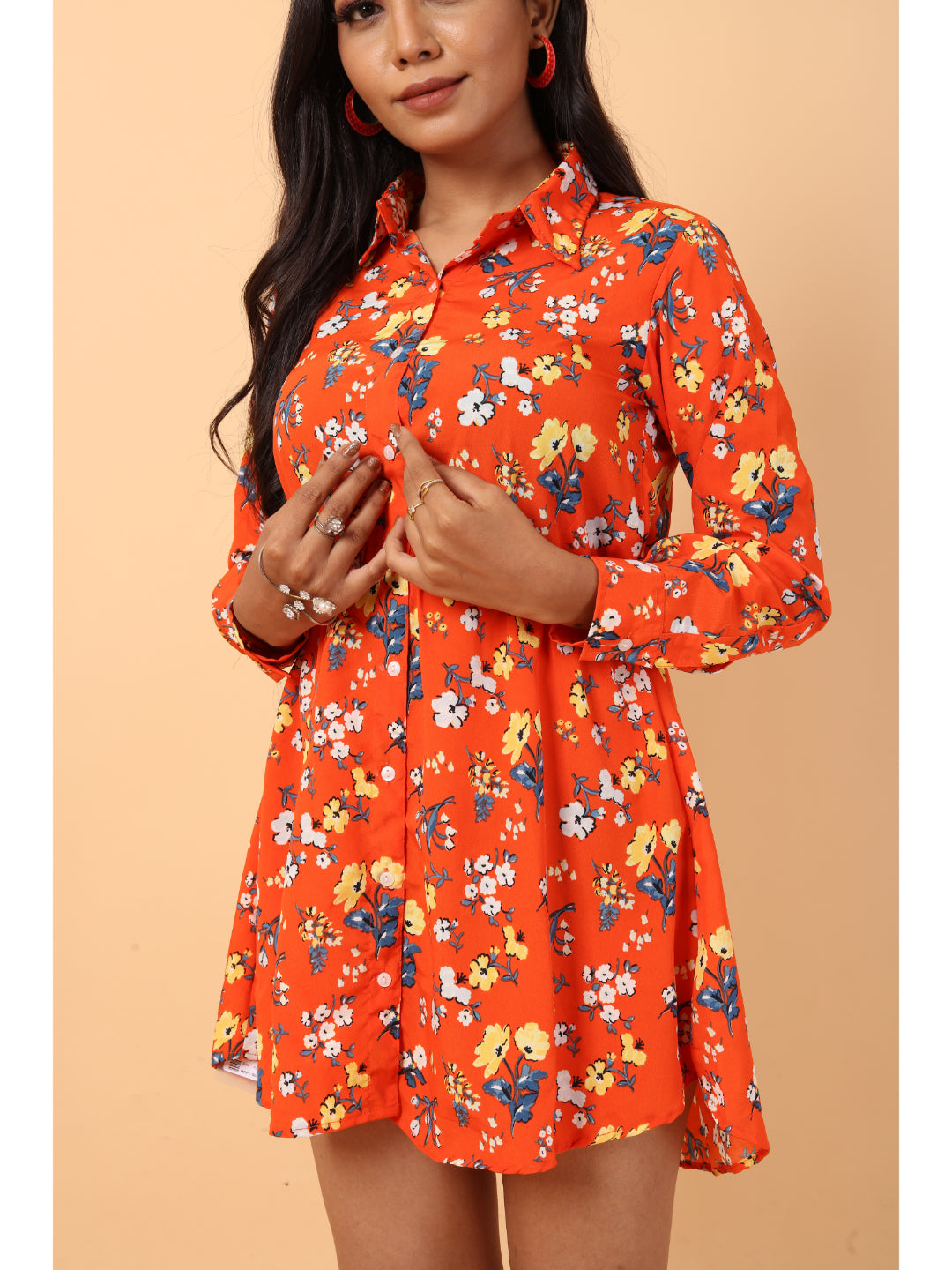 RY Orange And Multi Colour Floral printed Belted Shirt Dress for Casual/gift for her