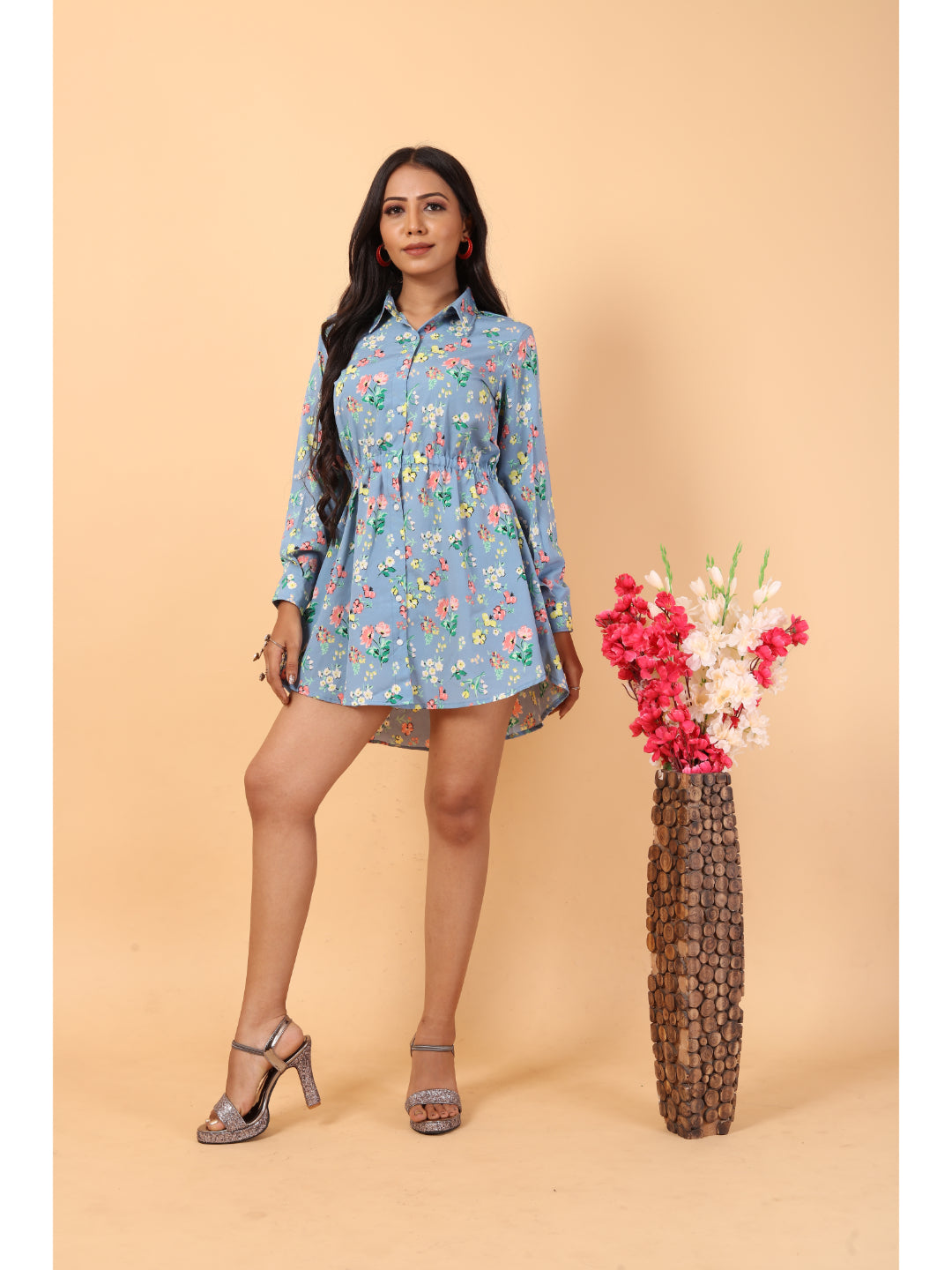 RY Grey And Multi colour Floral printed Belted Shirt Dress for Casual/gift for her
