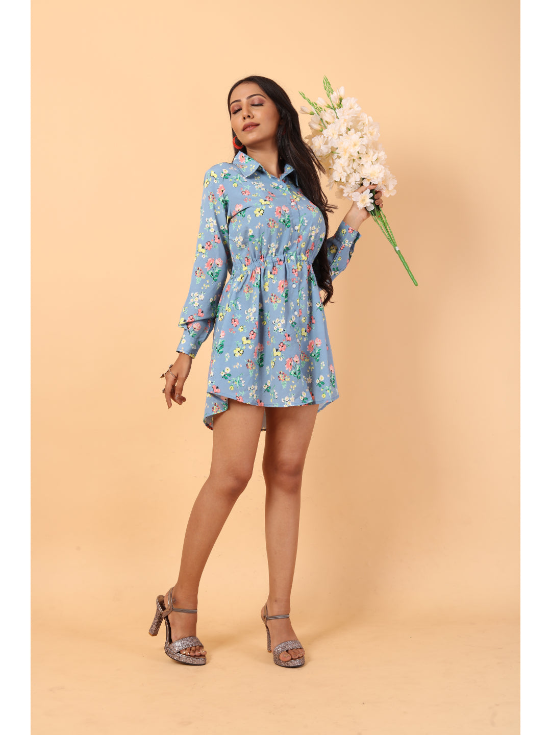 RY Grey And Multi colour Floral printed Belted Shirt Dress for Casual/gift for her