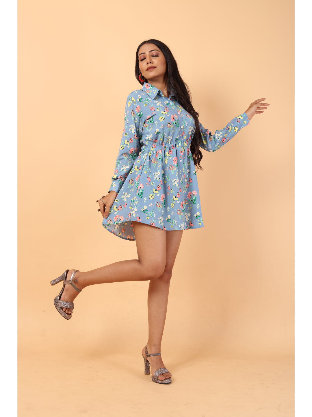 RY Grey And Multi colour Floral printed Belted Shirt Dress for Casual/gift for her