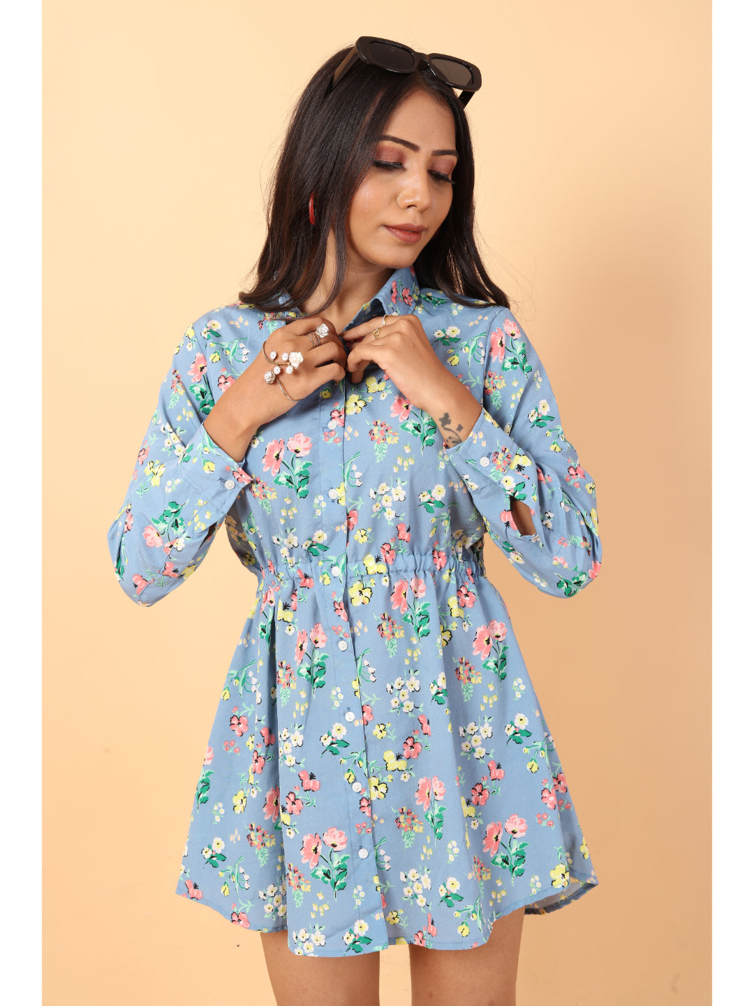 RY Grey And Multi colour Floral printed Belted Shirt Dress for Casual/gift for her