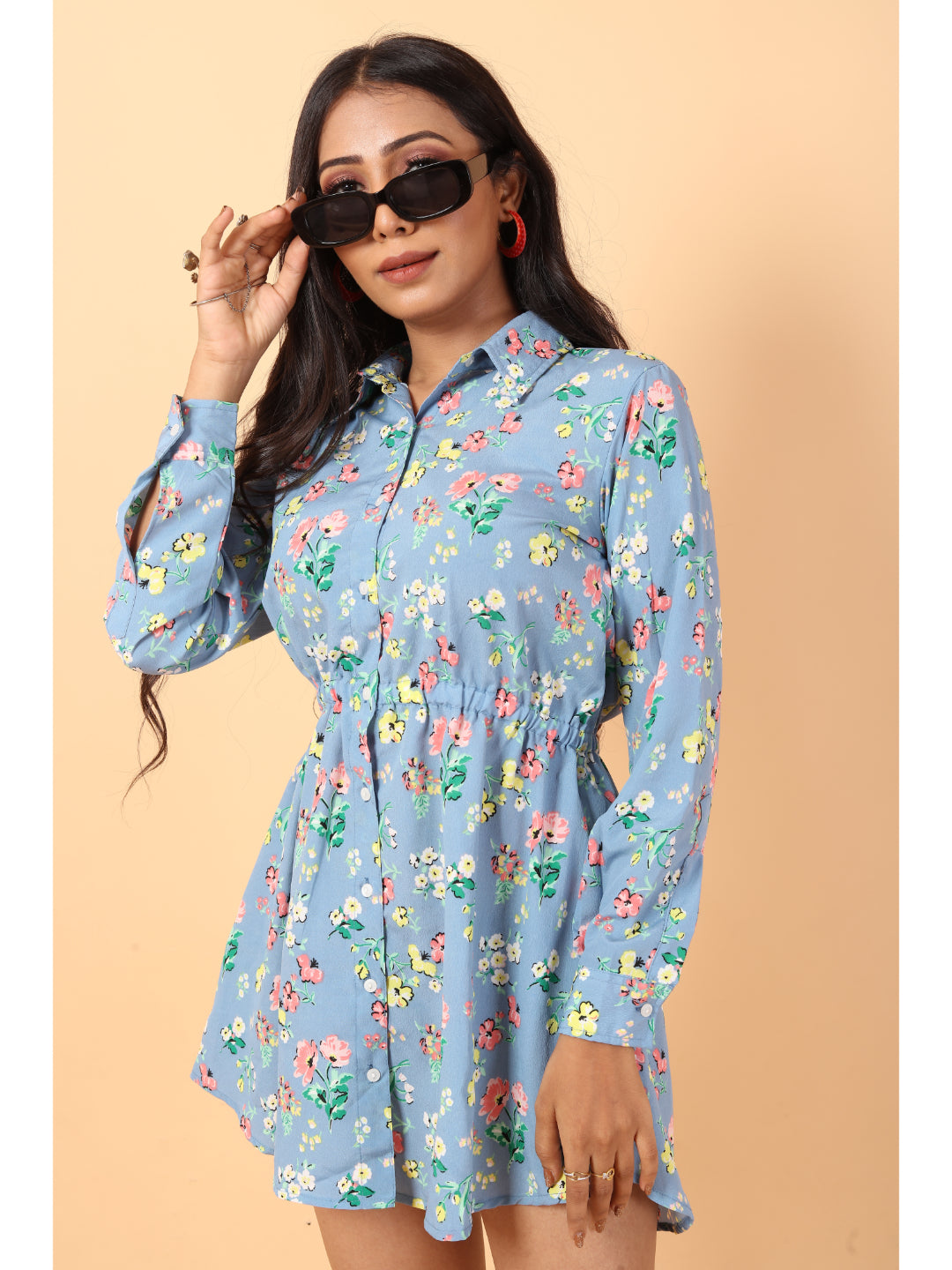 RY Grey And Multi colour Floral printed Belted Shirt Dress for Casual/gift for her