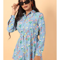 RY Grey And Multi colour Floral printed Belted Shirt Dress for Casual/gift for her