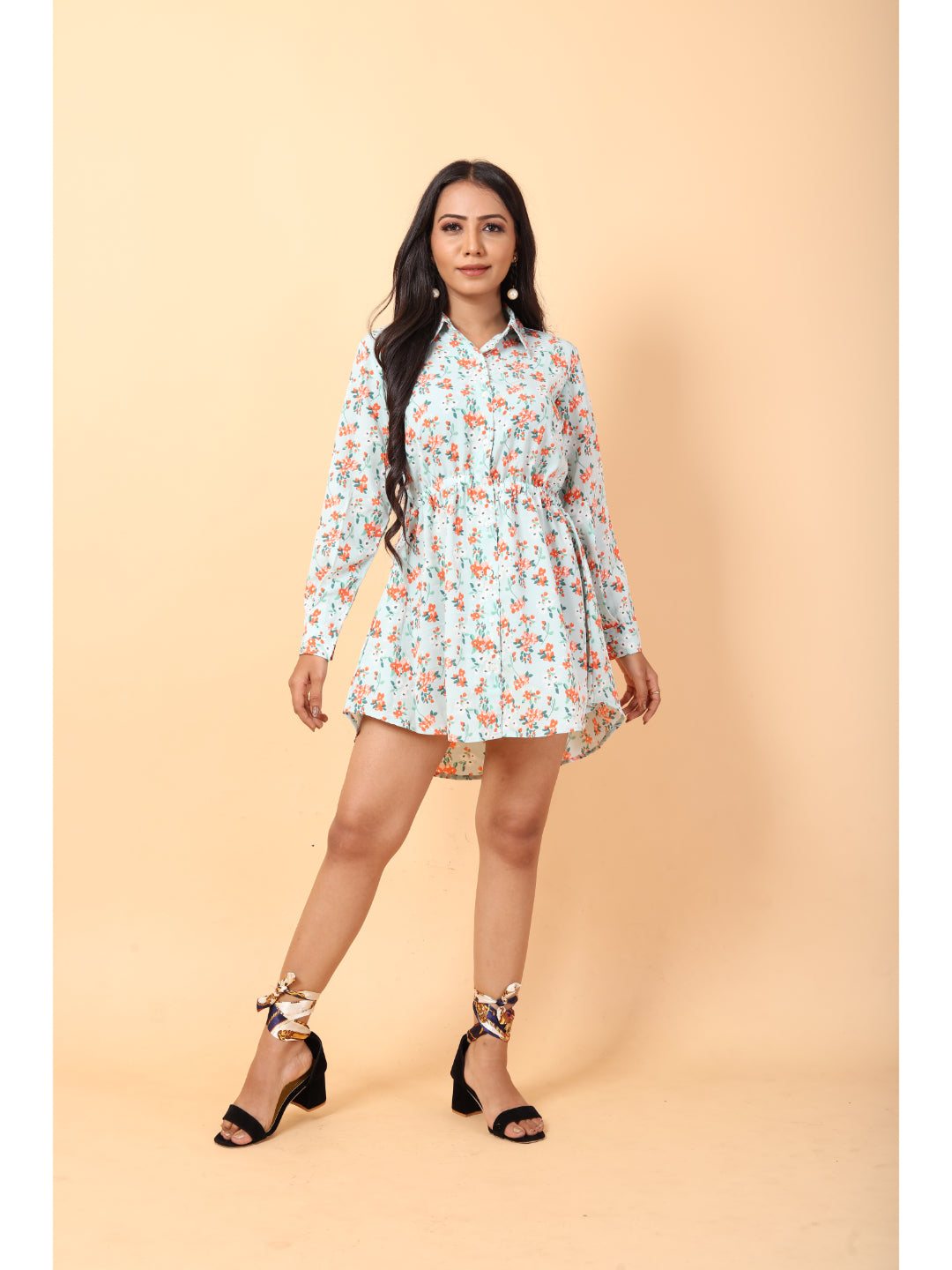 RY Sea Green and orange Floral printed Belted Shirt Dress for Casual/gift for her