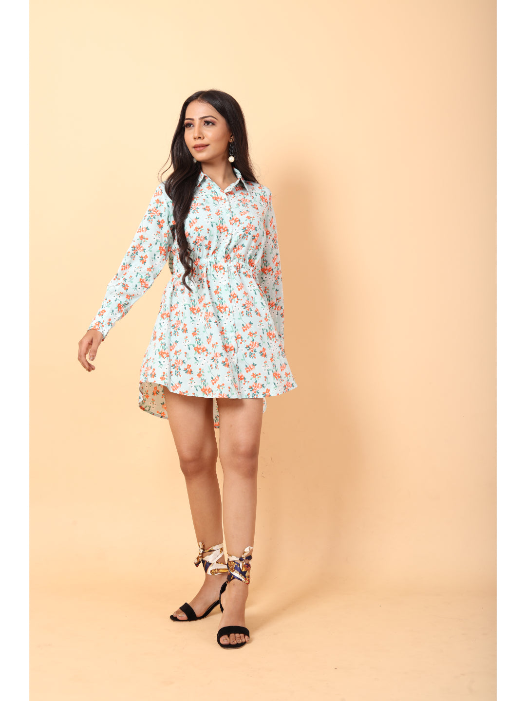RY Sea Green and orange Floral printed Belted Shirt Dress for Casual/gift for her