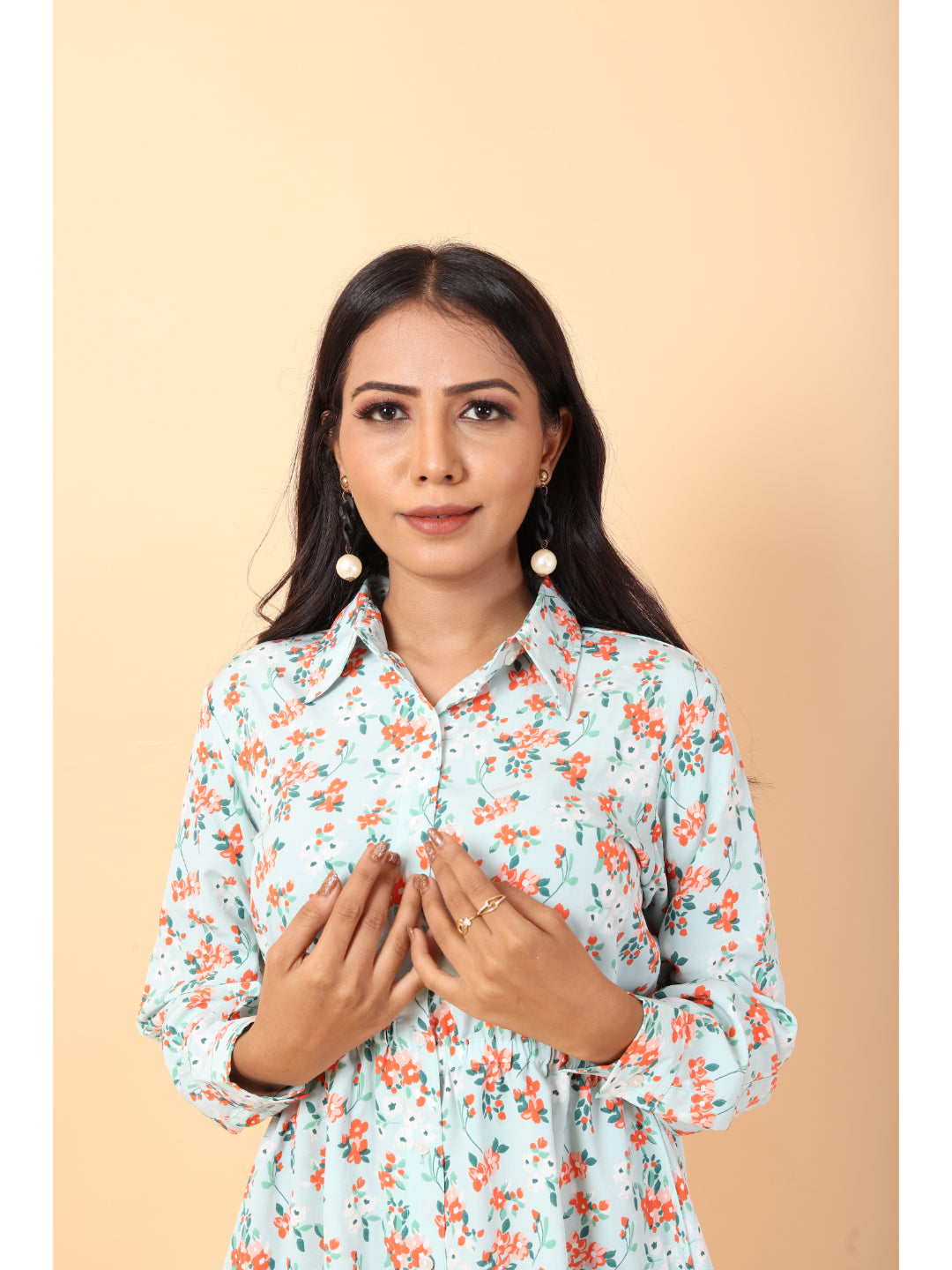 RY Sea Green and orange Floral printed Belted Shirt Dress for Casual/gift for her