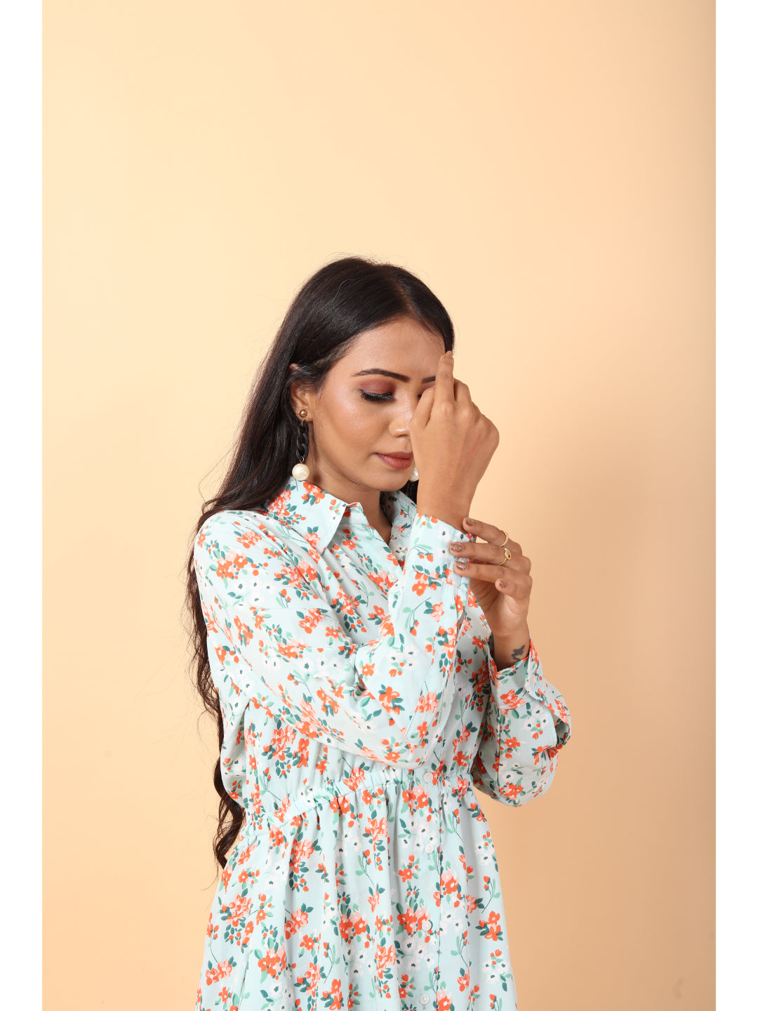 RY Sea Green and orange Floral printed Belted Shirt Dress for Casual/gift for her