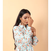 RY Sea Green and orange Floral printed Belted Shirt Dress for Casual/gift for her