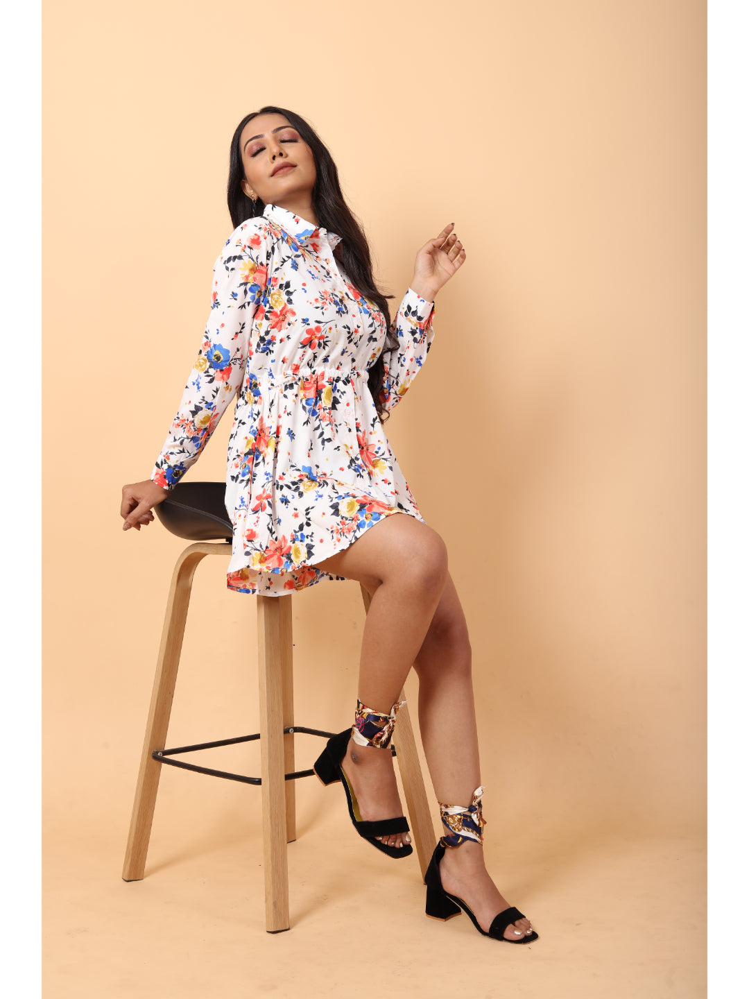 RY White And Multi Colour Floral printed Belted Shirt Dress for Casual/gift for her