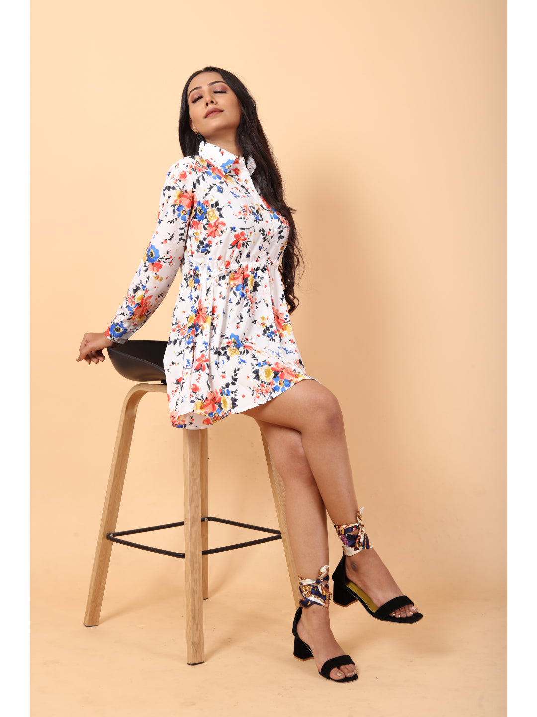 RY White And Multi Colour Floral printed Belted Shirt Dress for Casual/gift for her
