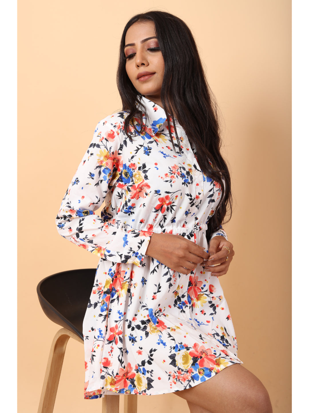 RY White And Multi Colour Floral printed Belted Shirt Dress for Casual/gift for her