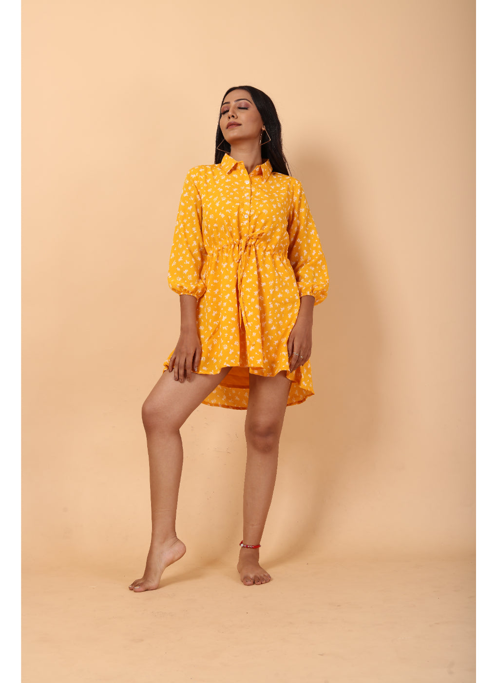 RY Amber And White Floral printed Belted Shirt Dress for Casual/gift for her