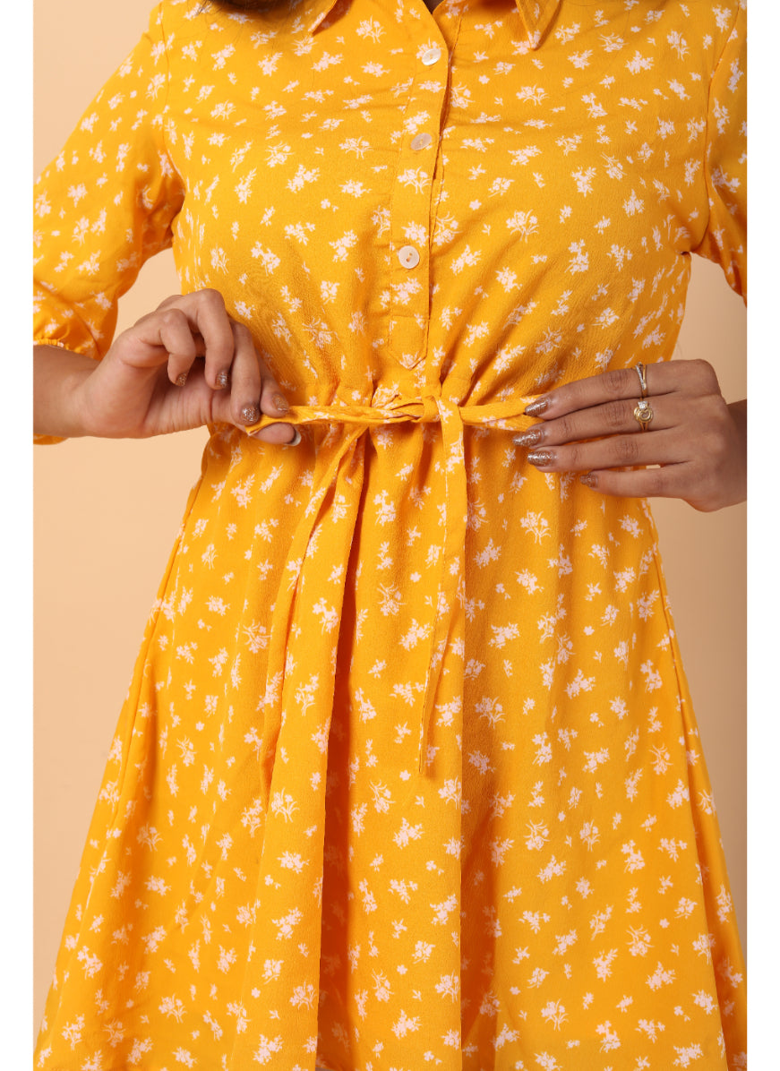 RY Amber And White Floral printed Belted Shirt Dress for Casual/gift for her