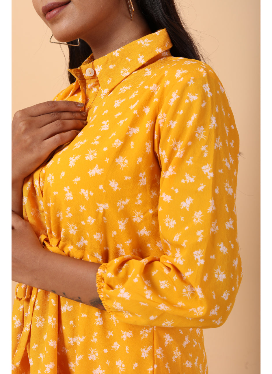 RY Amber And White Floral printed Belted Shirt Dress for Casual/gift for her