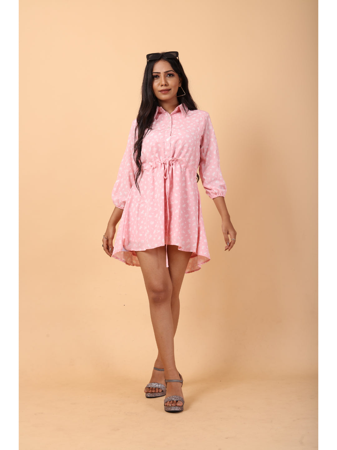 RY Light Pink And White Floral printed Belted Shirt Dress for Casual/gift for her