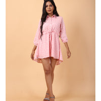 RY Light Pink And White Floral printed Belted Shirt Dress for Casual/gift for her