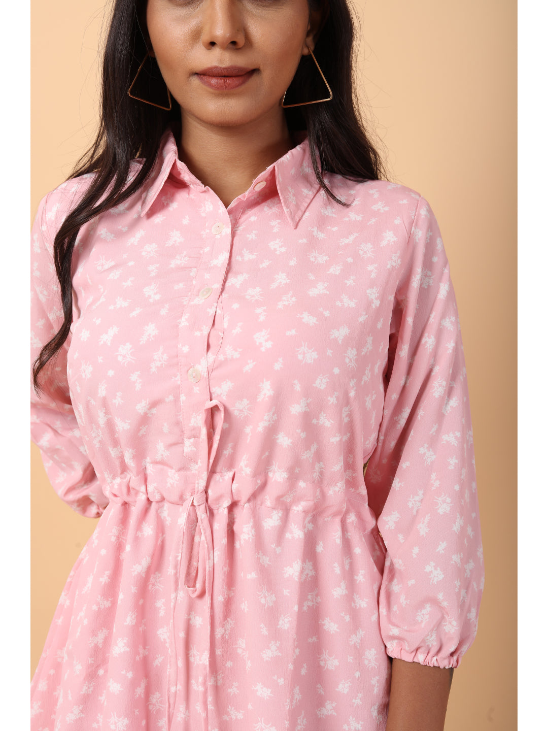 RY Light Pink And White Floral printed Belted Shirt Dress for Casual/gift for her