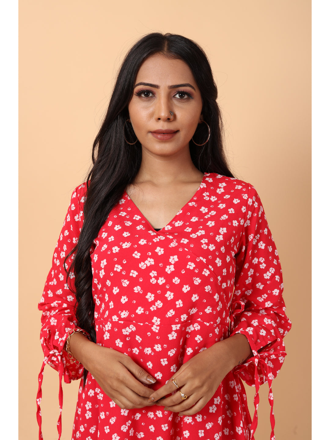 RY Wrap Red Floral printed V-neck mini dress for Casual/gift for her
