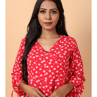 RY Wrap Red Floral printed V-neck mini dress for Casual/gift for her
