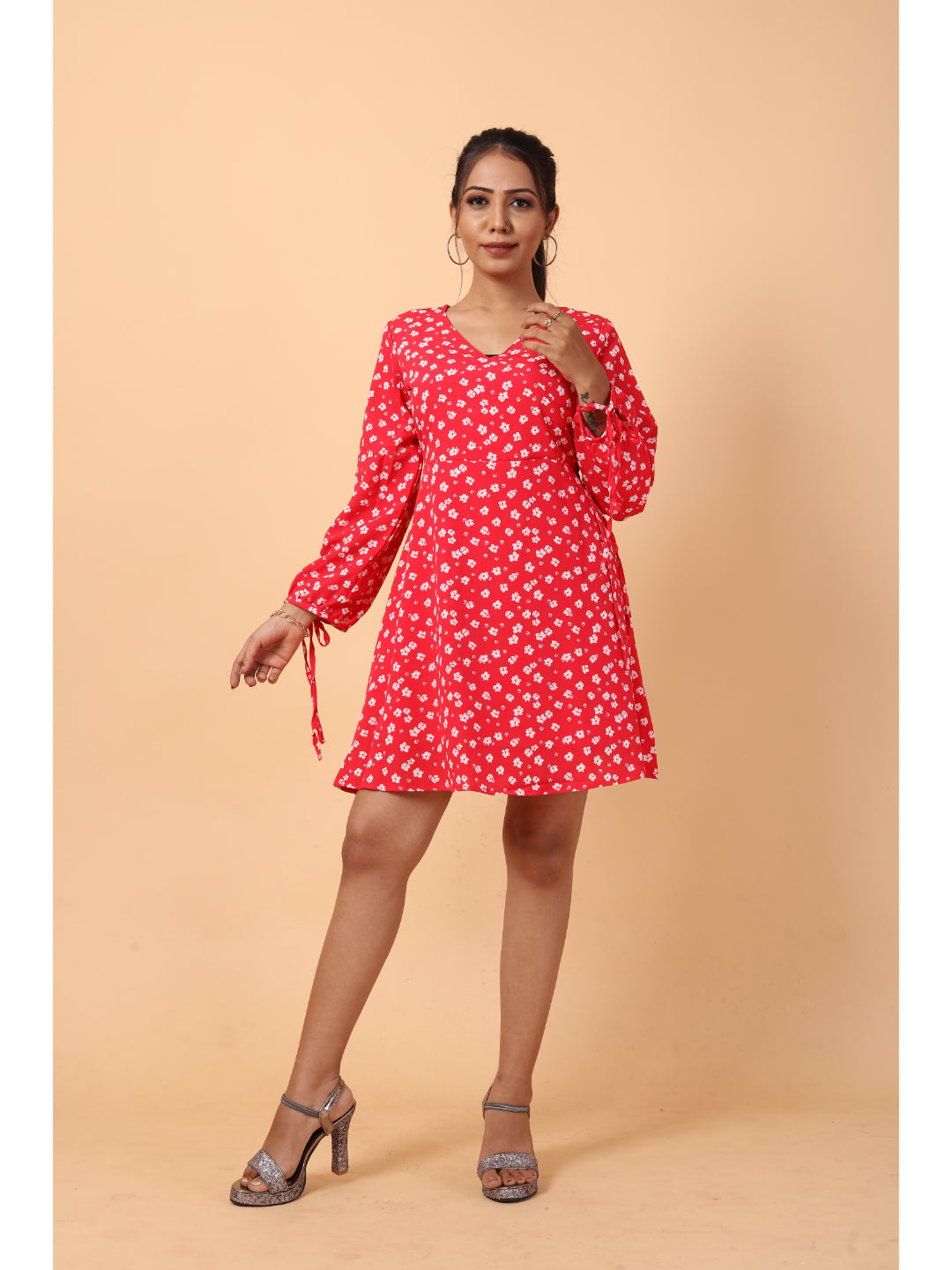 RY Wrap Red Floral printed V-neck mini dress for Casual/gift for her