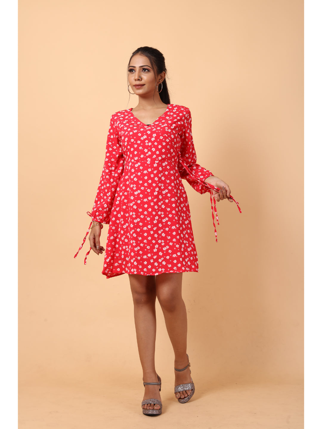 RY Wrap Red Floral printed V-neck mini dress for Casual/gift for her