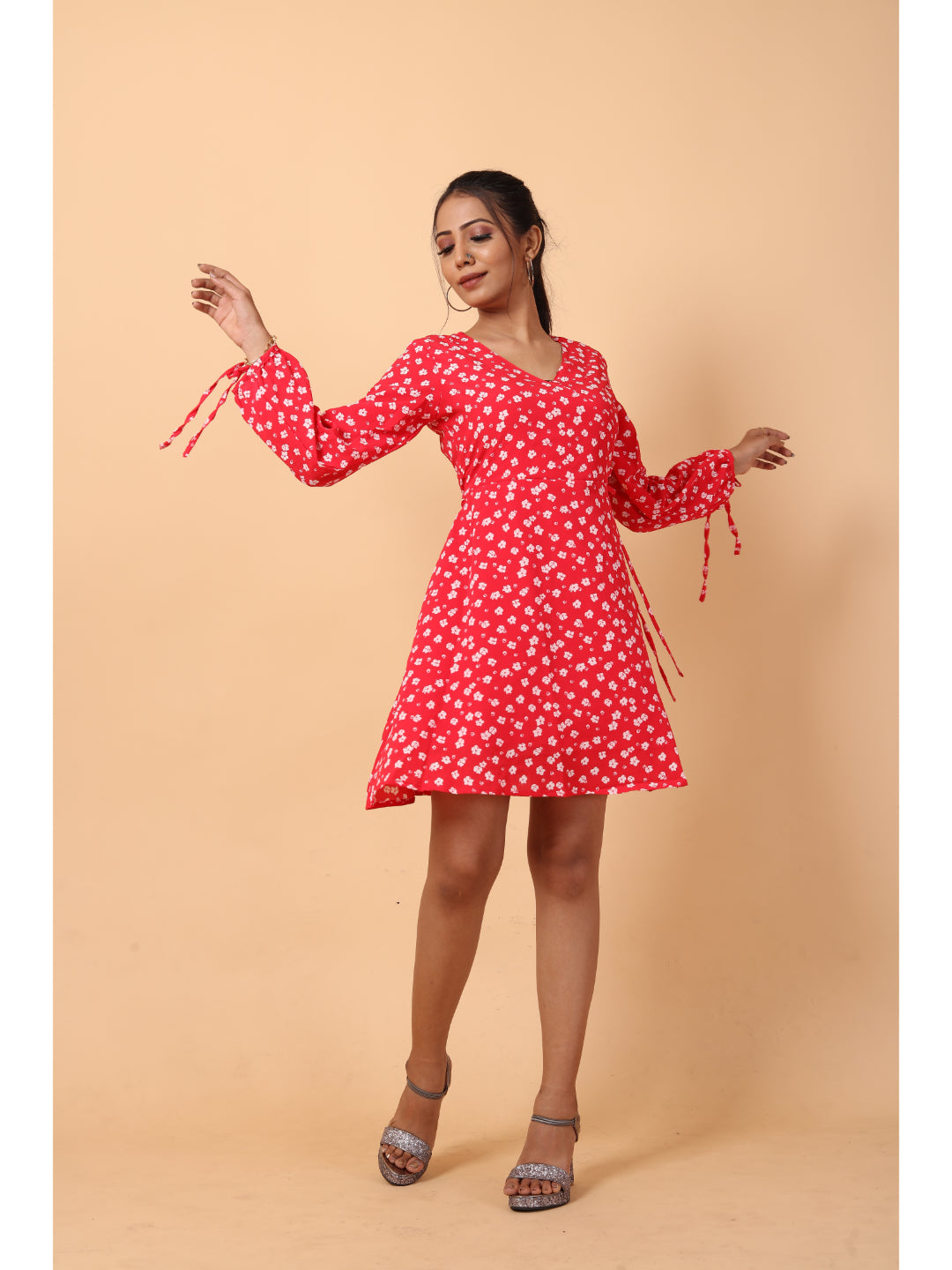 RY Wrap Red Floral printed V-neck mini dress for Casual/gift for her