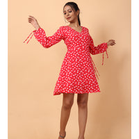 RY Wrap Red Floral printed V-neck mini dress for Casual/gift for her