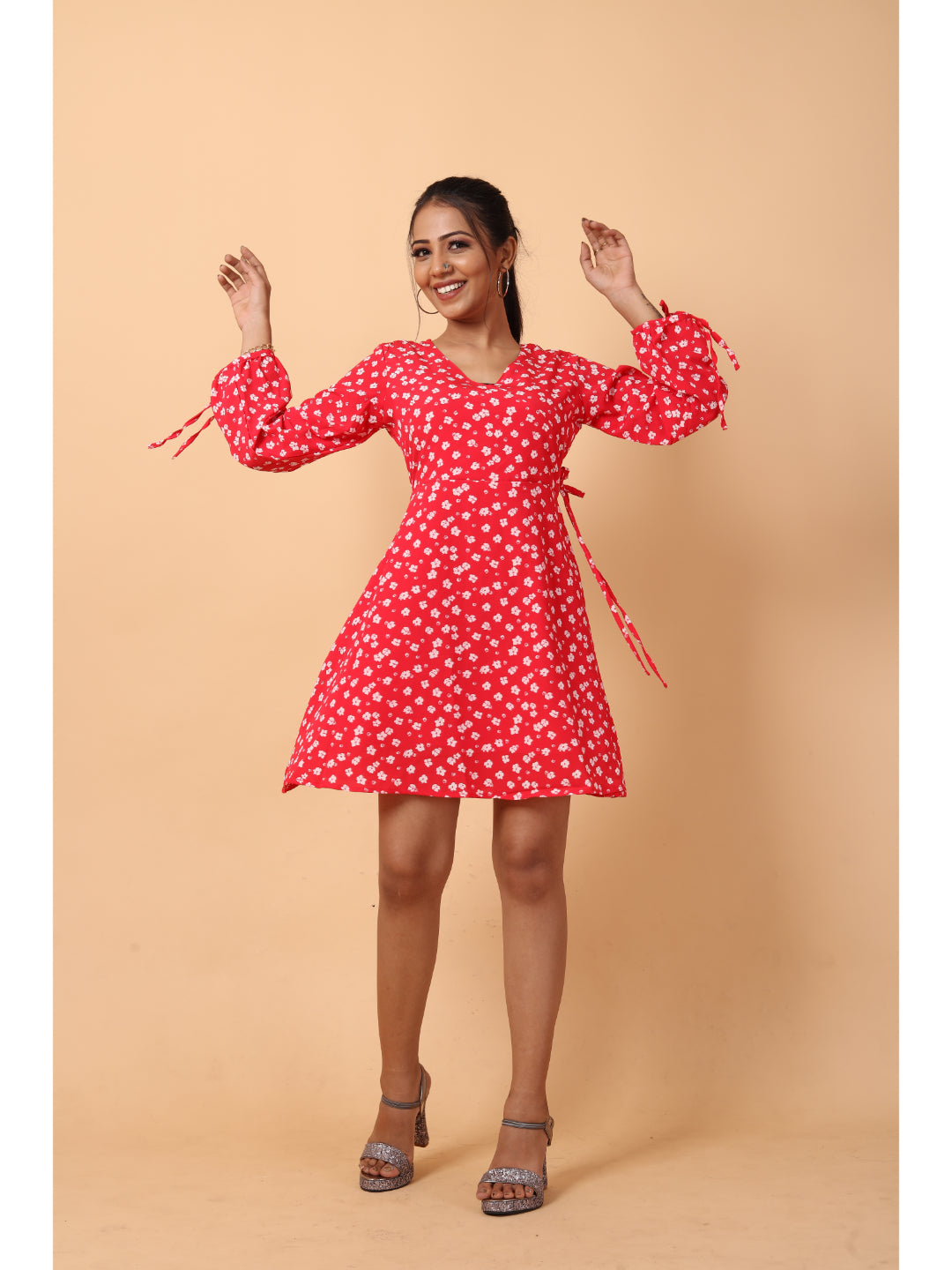RY Wrap Red Floral printed V-neck mini dress for Casual/gift for her