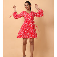 RY Wrap Red Floral printed V-neck mini dress for Casual/gift for her