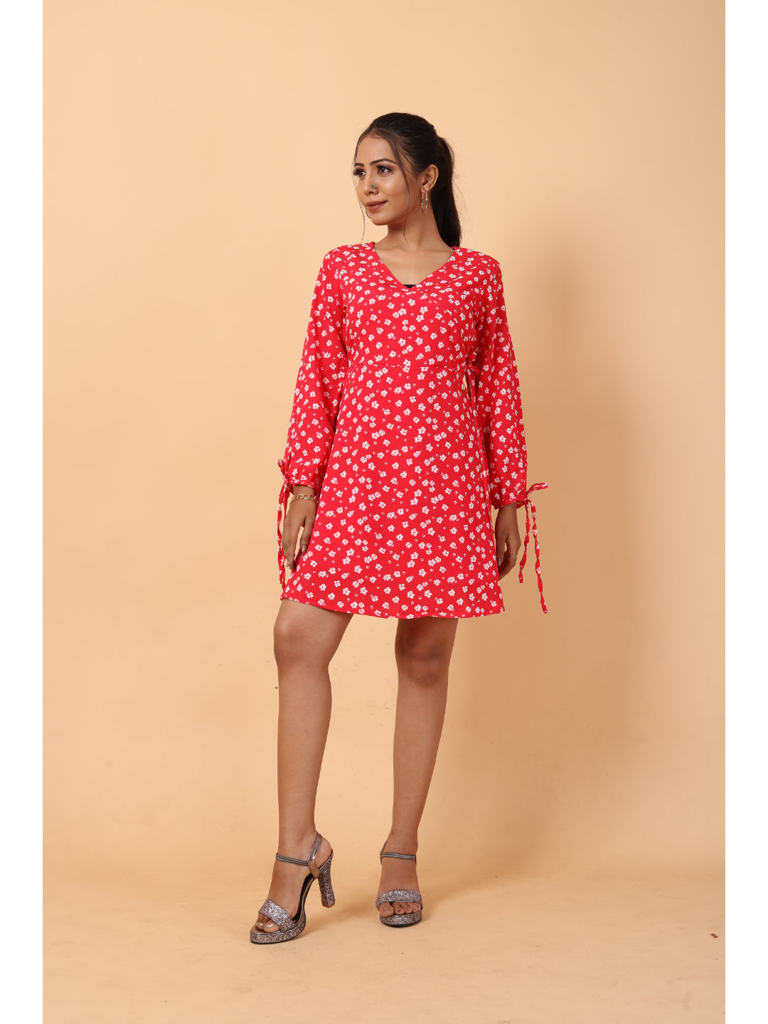 RY Wrap Red Floral printed V-neck mini dress for Casual/gift for her