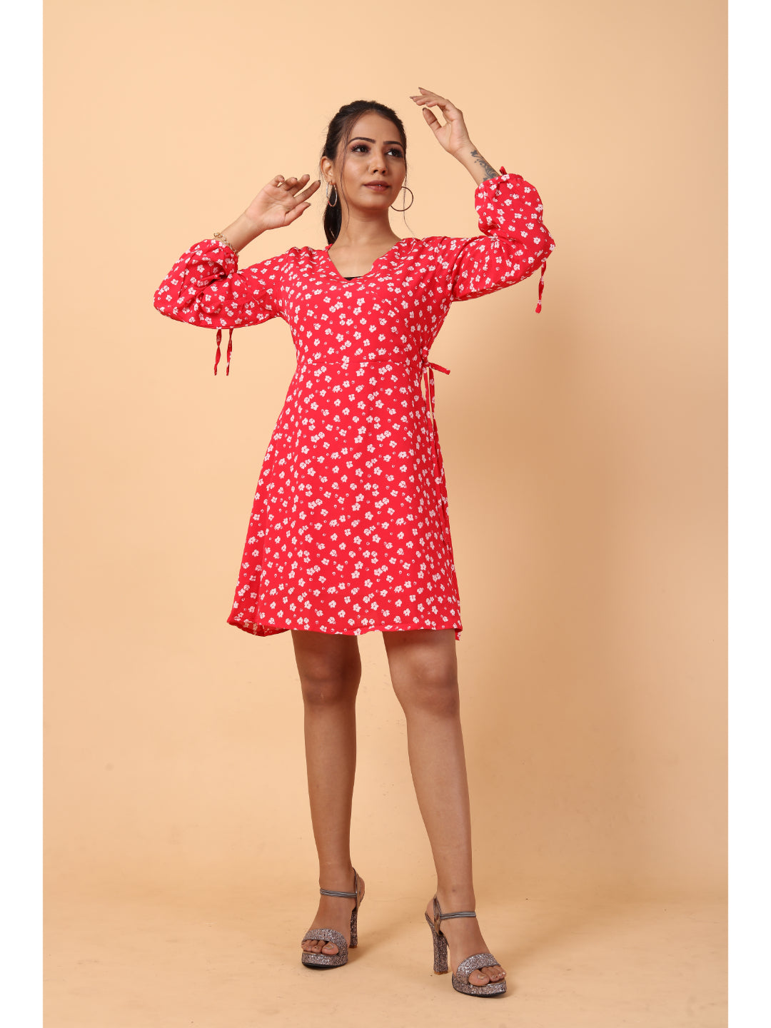 RY Wrap Red Floral printed V-neck mini dress for Casual/gift for her