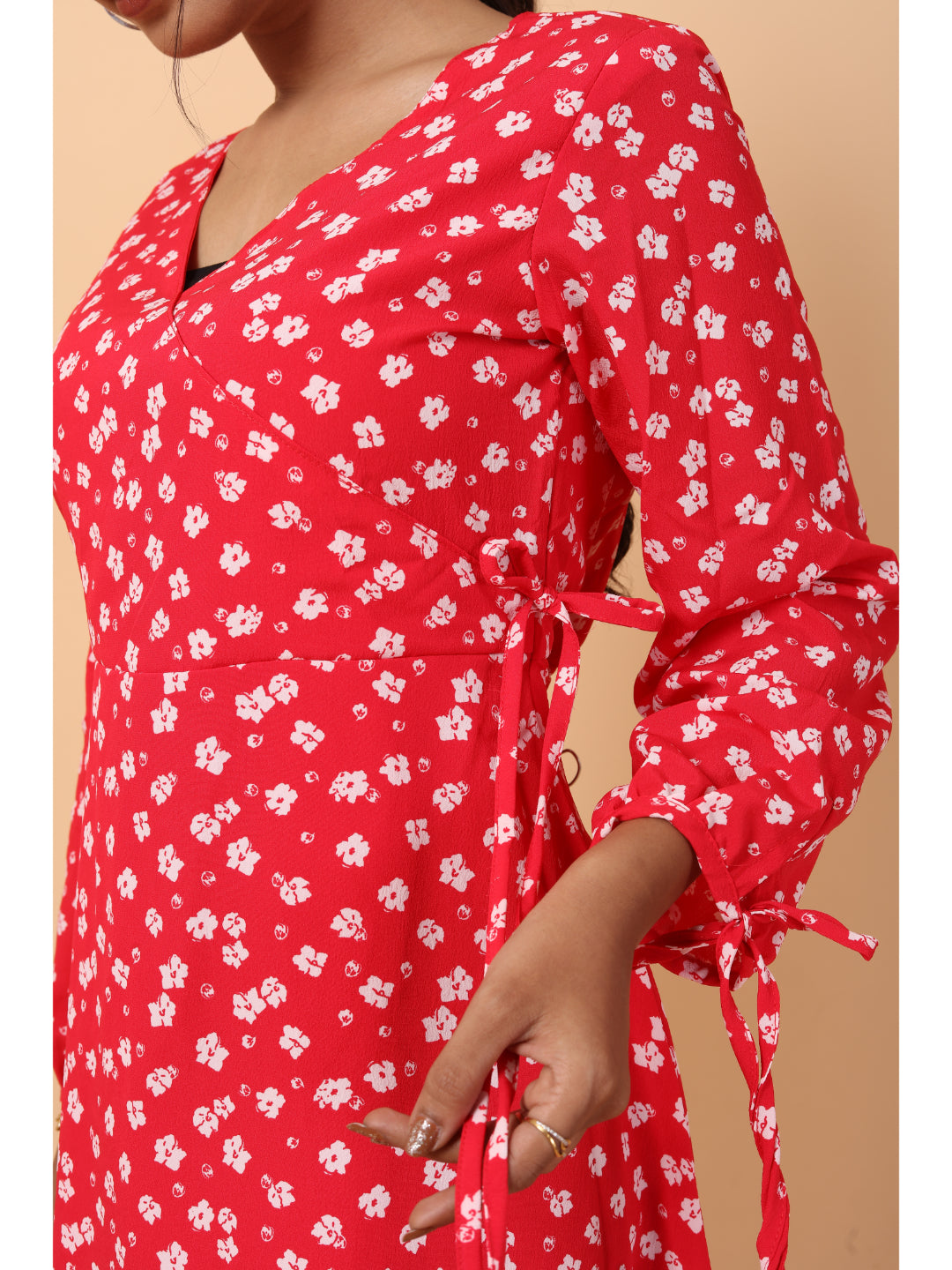 RY Wrap Red Floral printed V-neck mini dress for Casual/gift for her